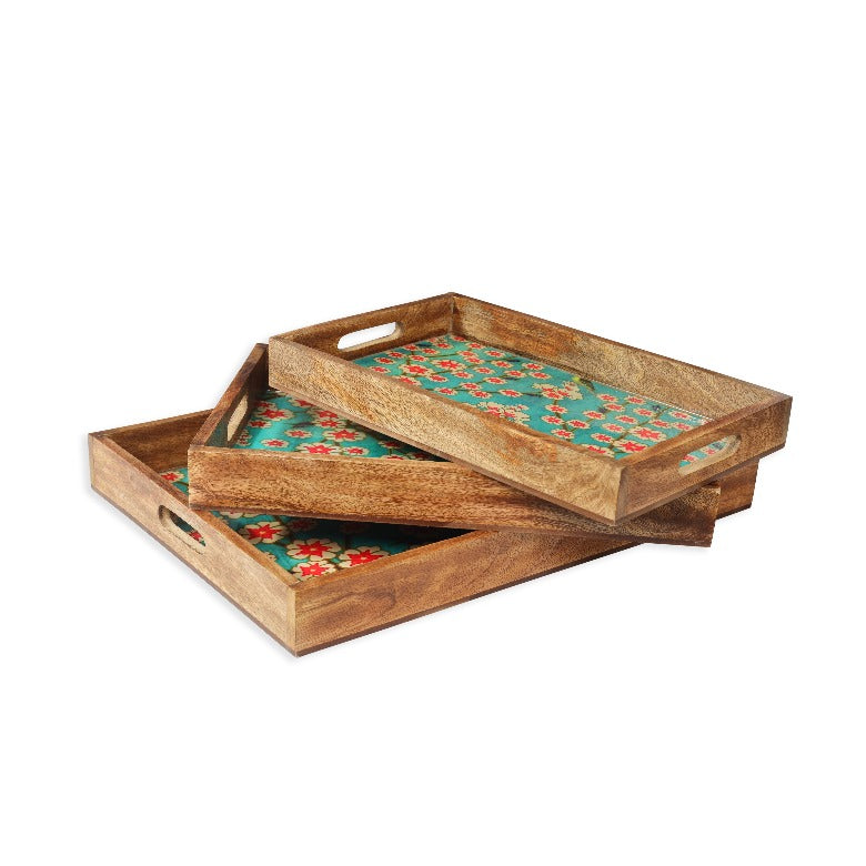 Blissful Blooms Resin And Wood Decorative Trays- Set of 3