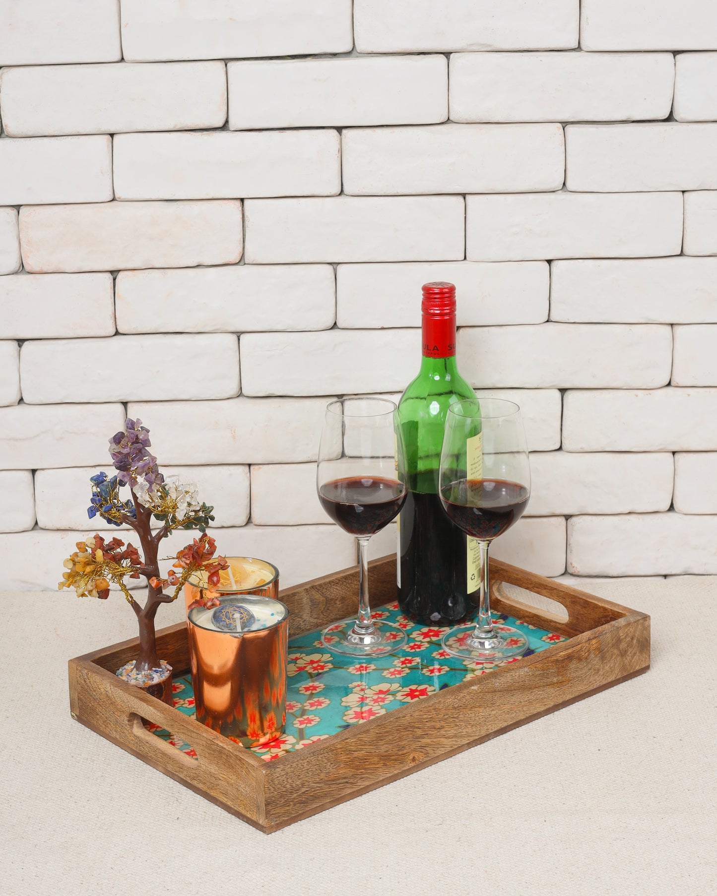 Blissful Blooms Resin And Wood Decorative Trays- Set of 3