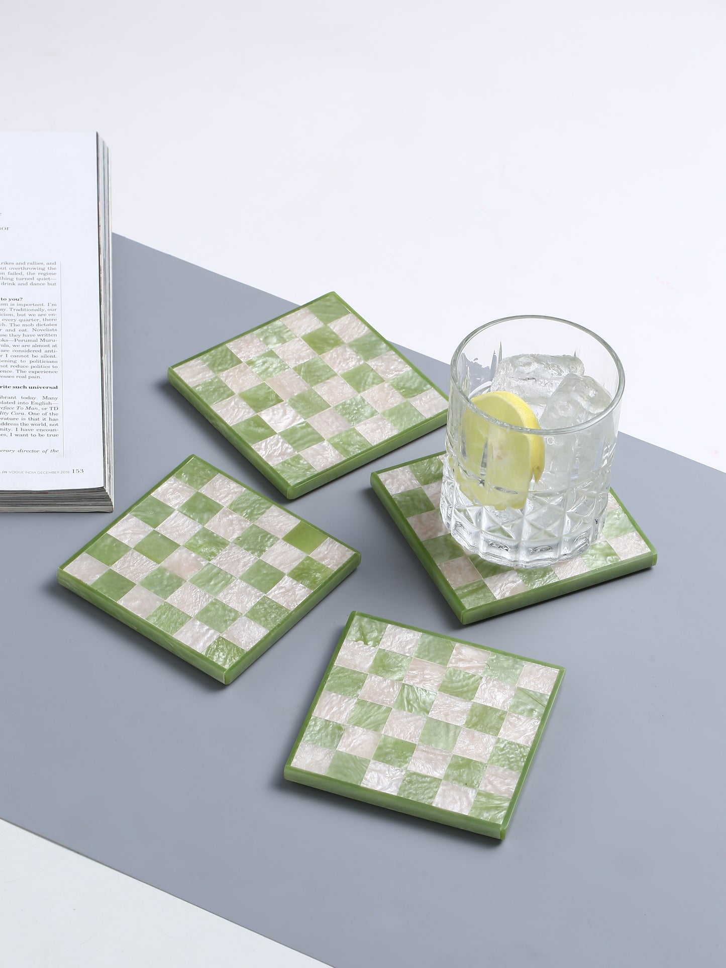 Green Chequered Resin Coaster Set of 4